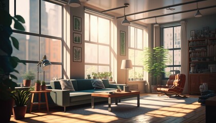 Fototapeta na wymiar Illustration of the modern light apartment with big windows. Generative AI.