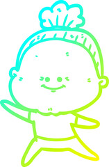 cold gradient line drawing cartoon happy old woman