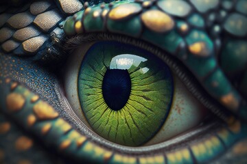 Close-up of a green tyrannosaurus rex eye. Generative AI.