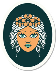 tattoo style sticker of a maiden with crown of flowers