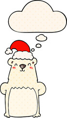 cartoon bear wearing christmas hat and thought bubble in comic book style