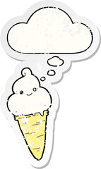 cartoon ice cream and thought bubble as a distressed worn sticker