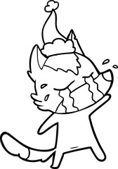 line drawing of a crying wolf wearing santa hat
