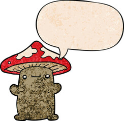 cartoon mushroom and speech bubble in retro texture style