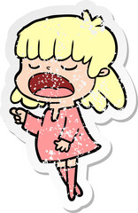 distressed sticker of a cartoon woman talking loudly