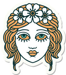tattoo style sticker of female face with crown of flowers