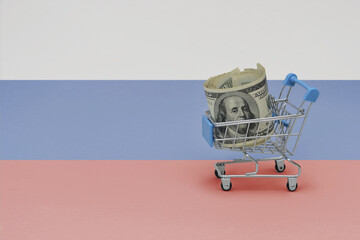 Metal shopping basket with dollar money banknote on the national flag of russia background. consumer basket concept. 3d illustration