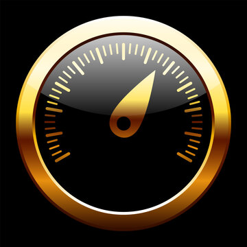 Golden Speedometer. Car speed indicator icon isolated on black background. Vector clipart.