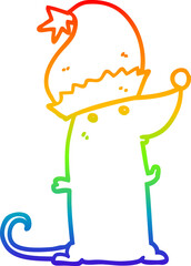 rainbow gradient line drawing cartoon rat wearing christmas hat