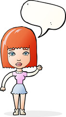 cartoon waving woman with speech bubble