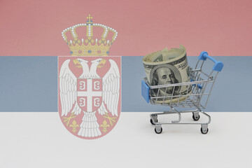 Metal shopping basket with dollar money banknote on the national flag of serbia background. consumer basket concept. 3d illustration