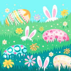Fototapeta na wymiar colorful greeting card template with Easter egg in field with flowers and rabbits on green background. Design greeting card, cover, post, flyer, print, wallpaper. Vector illustration. 