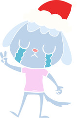 cute flat color illustration of a dog crying wearing santa hat