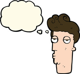 cartoon bored man's face with thought bubble