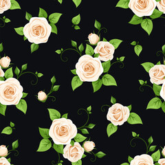 Floral seamless pattern with white rose flowers and green leaves on a black background. Vector illustration
