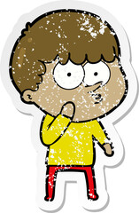 distressed sticker of a cartoon curious boy