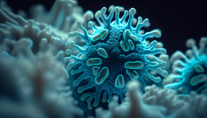 Macro close up shot of bacteria and virus cells in a scientific laboratory petri dish. Generative AI