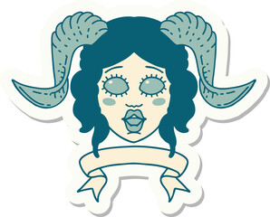 tiefling character face with scroll banner sticker