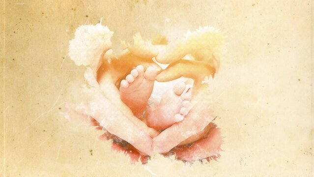 Watercolor baby feet in mother and father hands, 4k graphic motion video