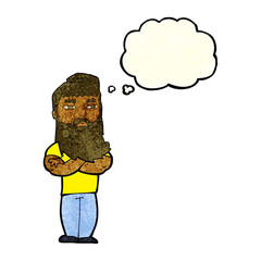 cartoon serious man with beard with thought bubble
