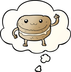 cartoon waving cake character and thought bubble in smooth gradient style