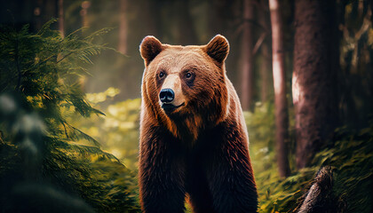 Obraz premium nice big female brown bear. canadian brown bear moving in the forest Generative Ai