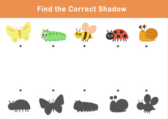 Shadow matching game for kids. Educational game for children. Find the right shadow of insect.