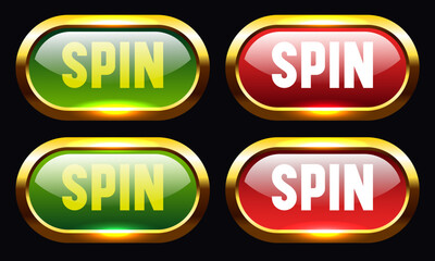 Spin button set. Red and green buttons in a gold frame. Buttons for online casino. Vector clipart isolated on black background. - obrazy, fototapety, plakaty