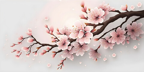 Cherry blossom branch elements with Sakura flower. Design for prints, postcards or wallpaper. Generative AI.