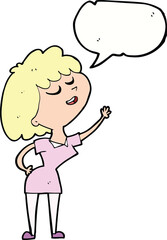 cartoon happy woman about to speak with speech bubble