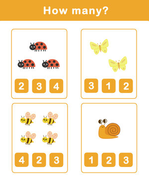 Counting educational children game. Math kids activity sheet. How many counting game with cute illustration.