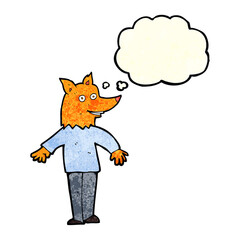 cartoon happy fox man with thought bubble