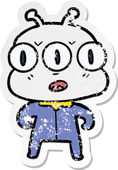 distressed sticker of a cartoon three eyed alien