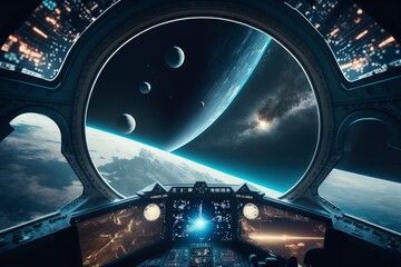 The cockpit of a spaceship, crossing the interstellar space and flying in the space.AI technology generated image