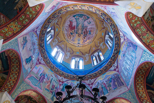 Near Philippi, Northern Greece - 2017 Sept 13: The beautiful dome of St Lydia's Baptistery full of biblical stories painted