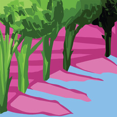 Unique vector illustration background. Broccoli tree lined up isolated on pink square background template with blue shadows on the ground