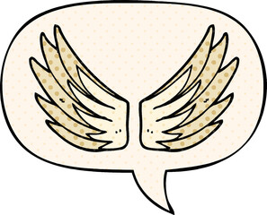 cartoon wings symbol and speech bubble in comic book style
