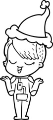 happy line drawing of a girl in space suit wearing santa hat