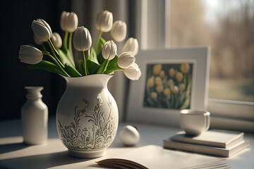 Tulips in a vase on a white table near the window. Scandinavian interior. 