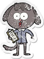 distressed sticker of a cute cartoon dog wearing office shirt