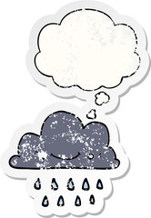cartoon storm cloud and thought bubble as a distressed worn sticker
