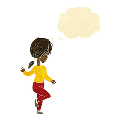 cartoon girl dancing with thought bubble