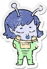 distressed sticker of a cartoon alien girl
