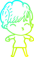 cold gradient line drawing cartoon woman thinking