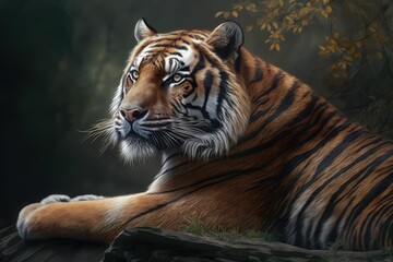 Fototapeta na wymiar Portrait of tiger sitting in the jungle. Generative AI.
