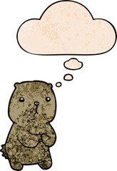 cartoon worried bear and thought bubble in grunge texture pattern style