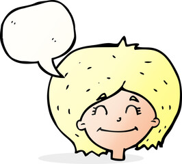 cartoon happy female face with speech bubble