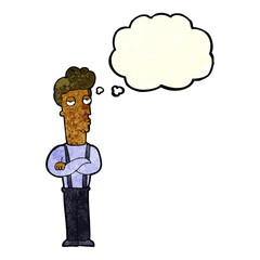 cartoon unimpressed man with thought bubble
