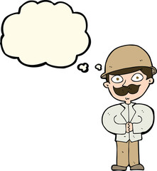 cartoon man in safari hat with thought bubble