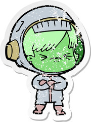 distressed sticker of a cartoon astronaut woman